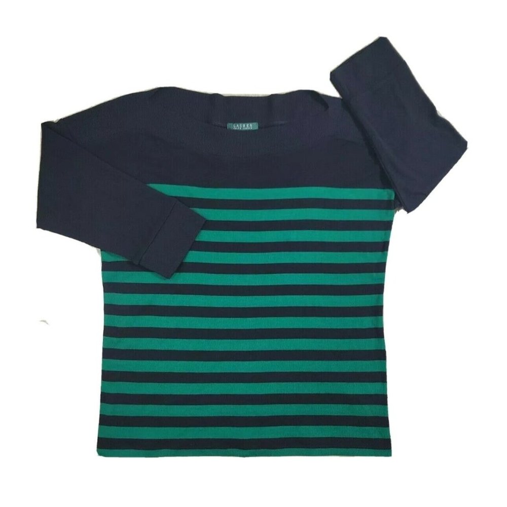 Lauren Ralph Lauren XL Boat Neck Cotton Long Sleeve Top Green Black Striped